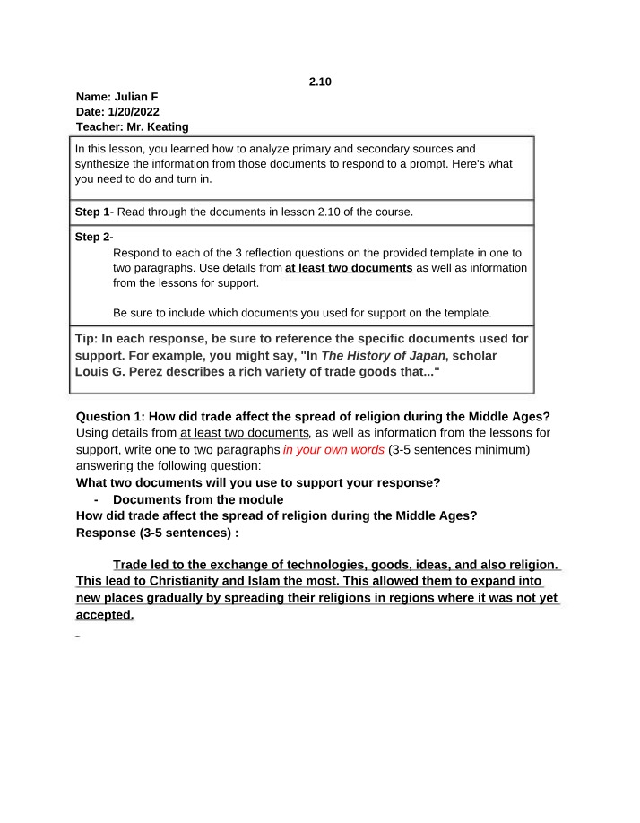 Analyzing Primary and Secondary Sources - Trade and the Spread of Ideas