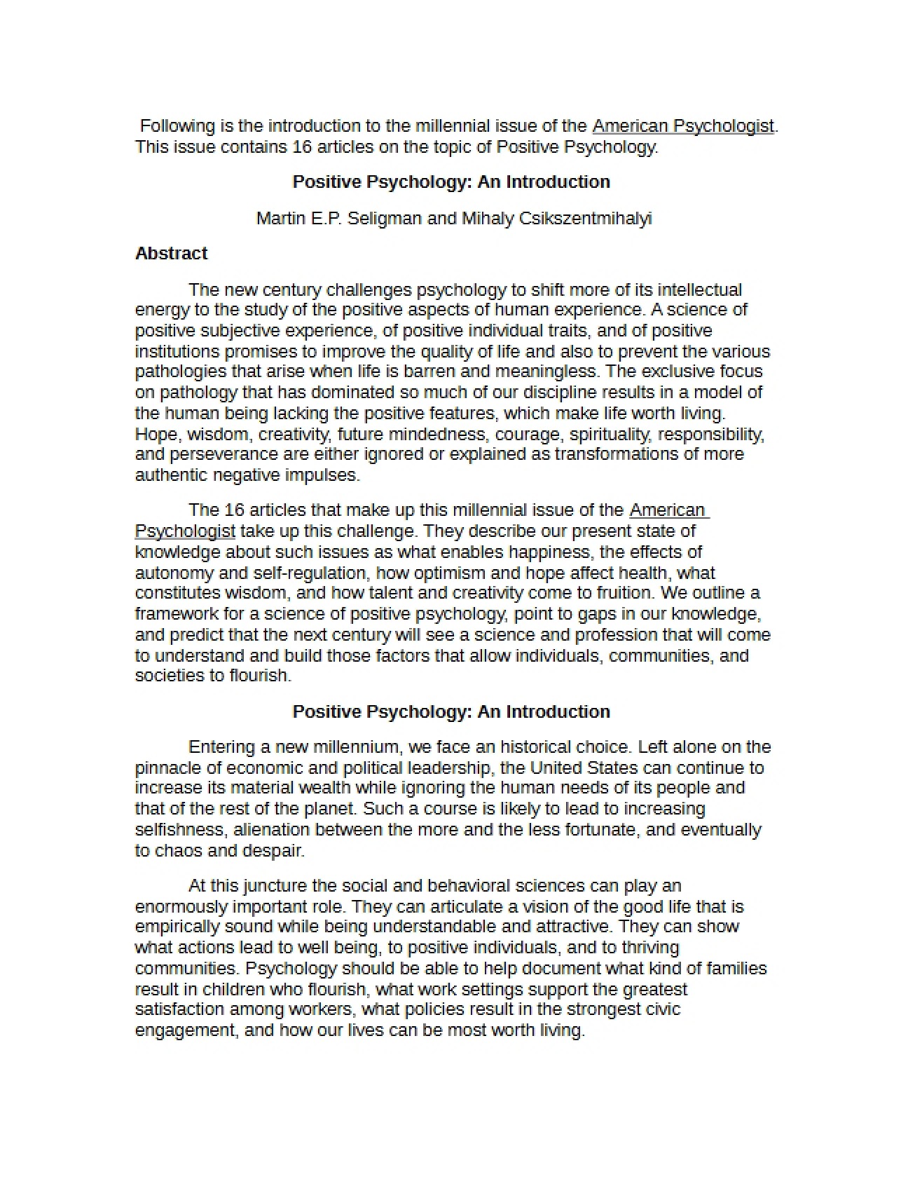 Introduction to Positive Psychology