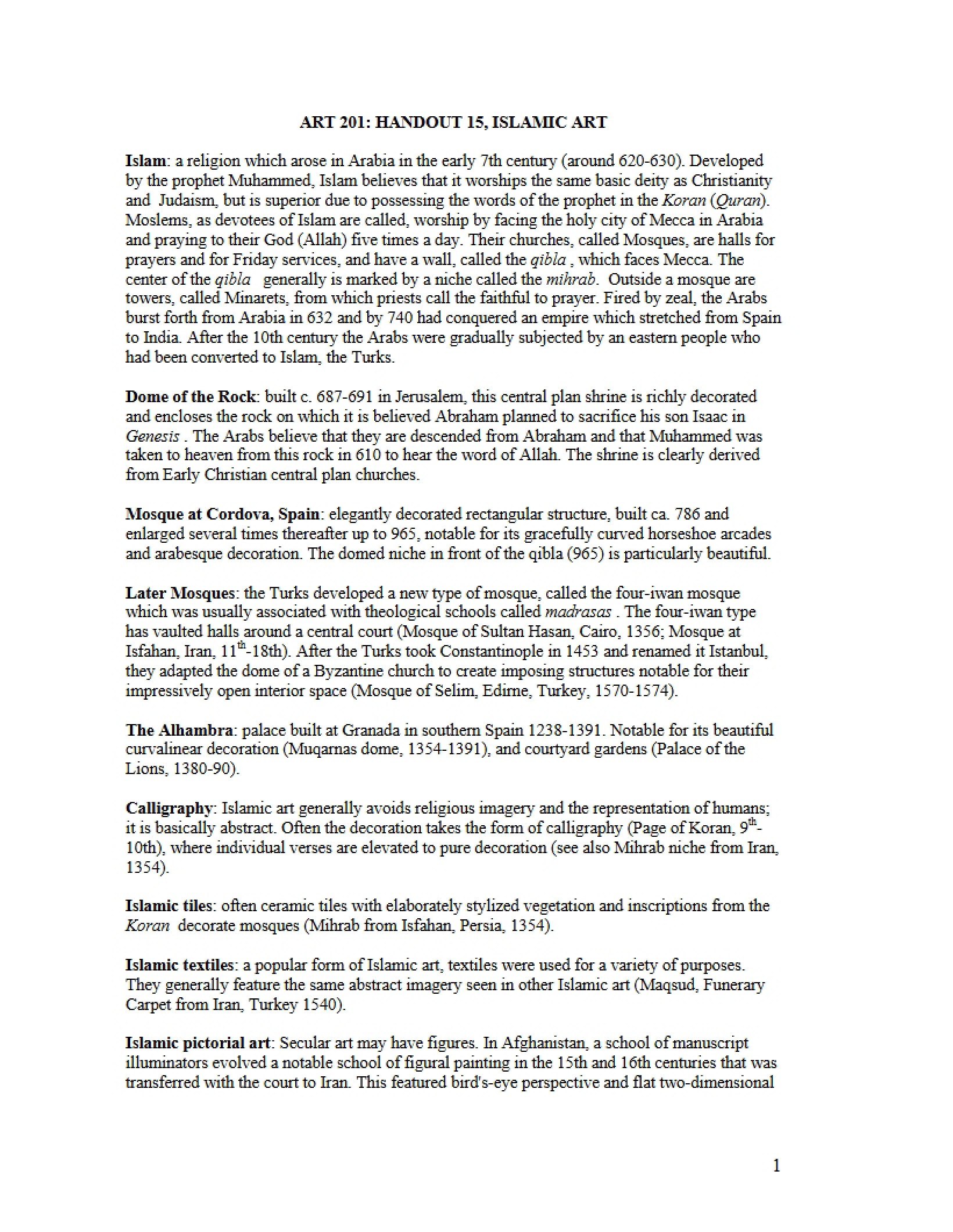 Islamic Art Fifteenth Handout