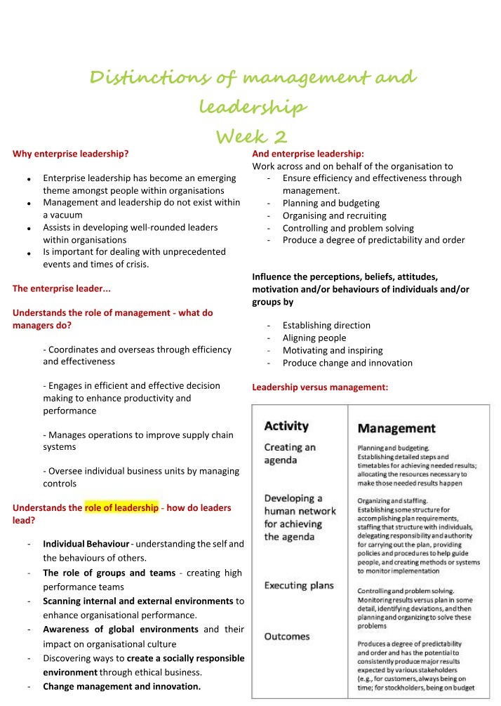 Management and Leadership - Week 2 Notes