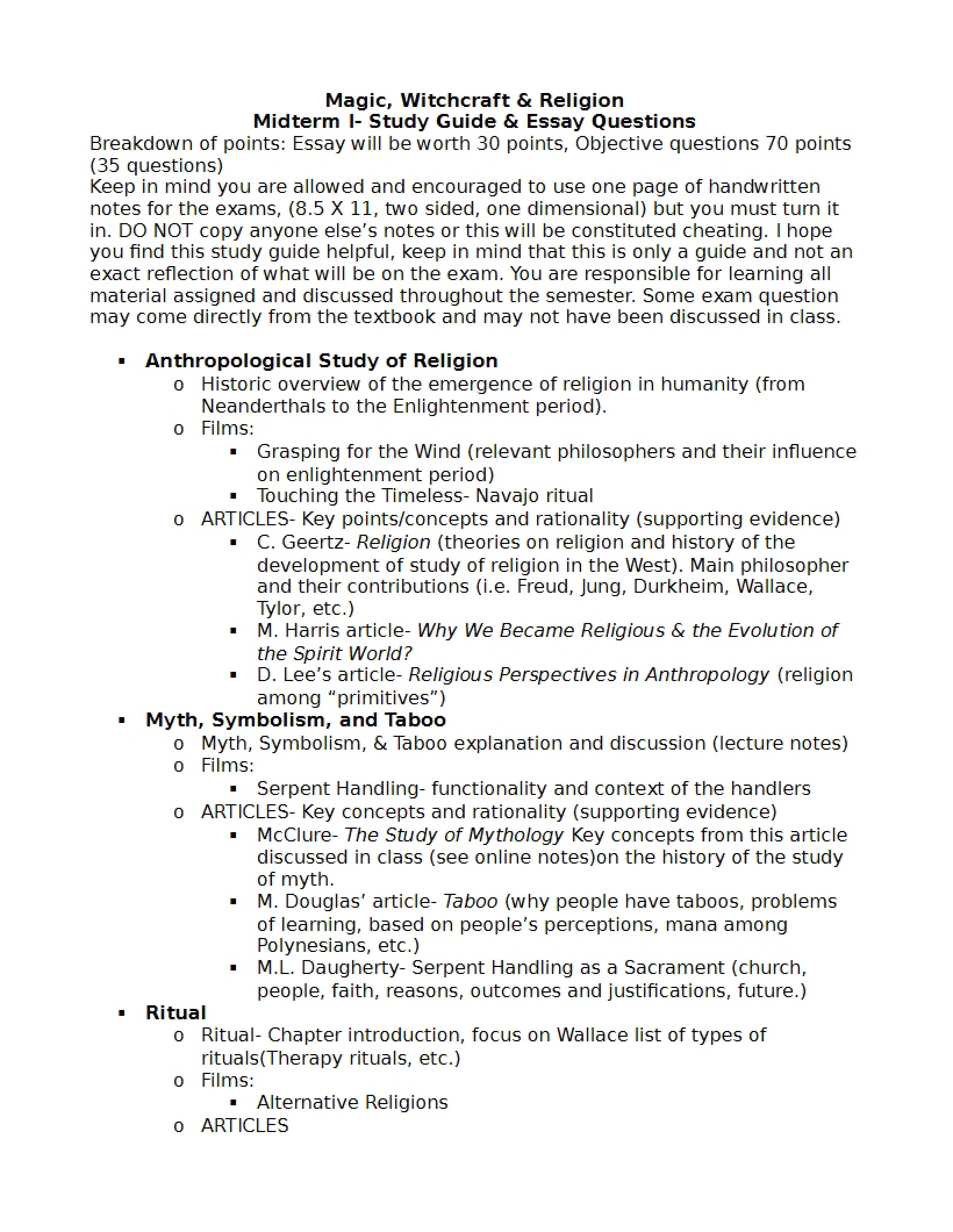 Essay Questions and Study Guide for Midterm One