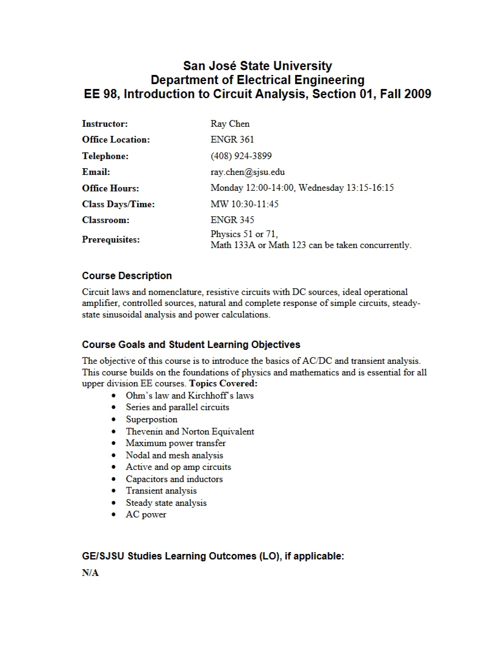 Intro to Circuit Analysis Course Outline
