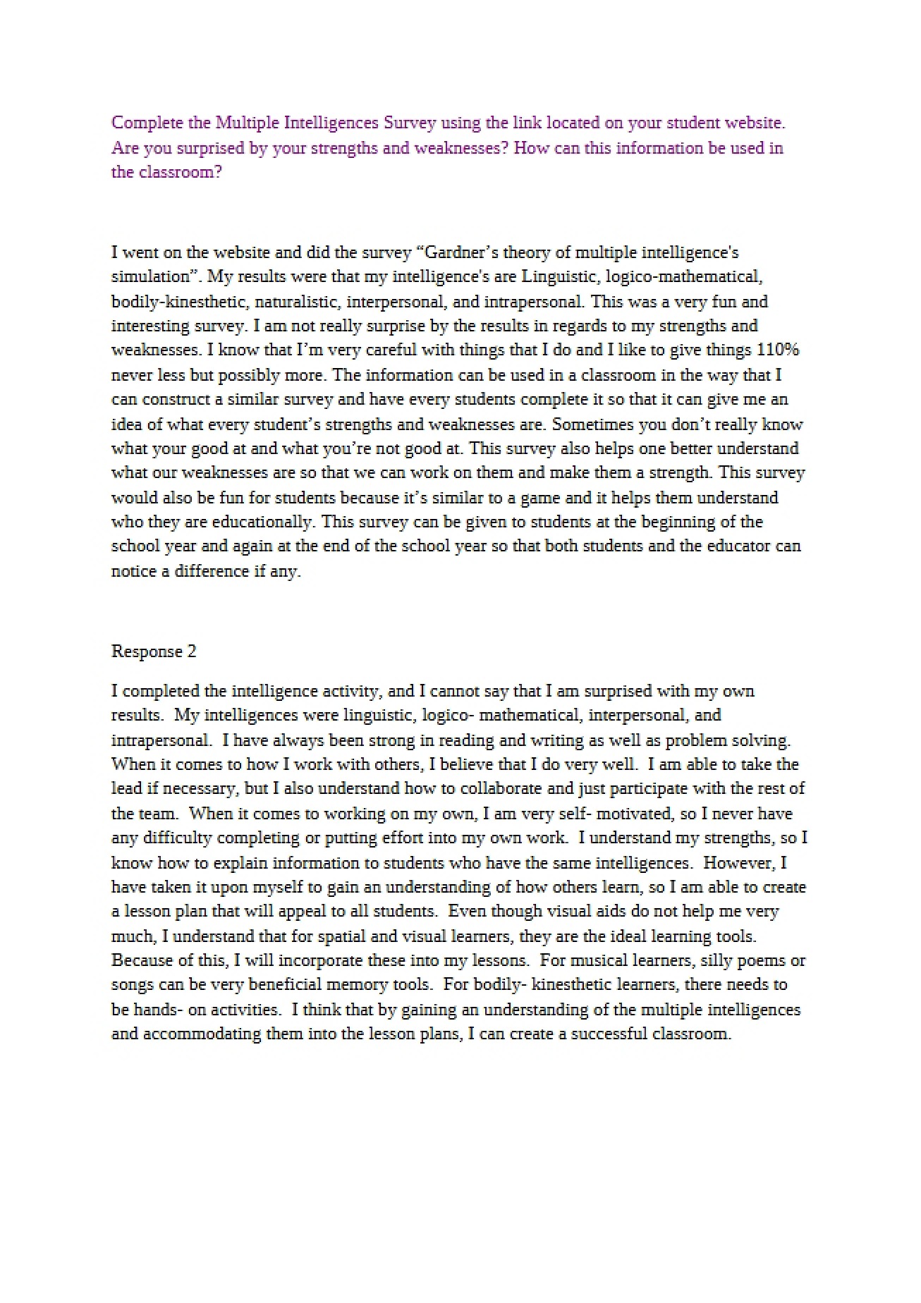 Survey of Multiple Intelligences