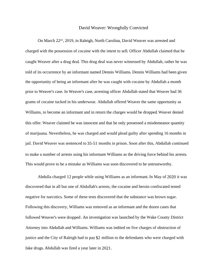 Wrongful Conviction Case Analysis - David Weaver