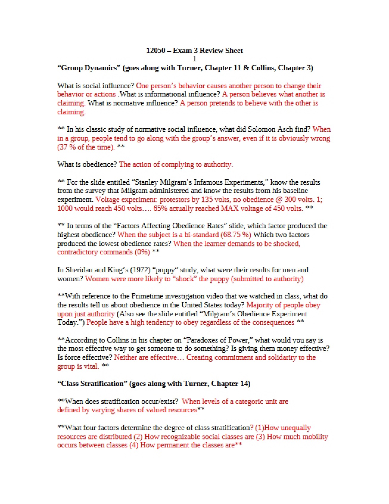 Sociology Preparation Sheet for Exam Three