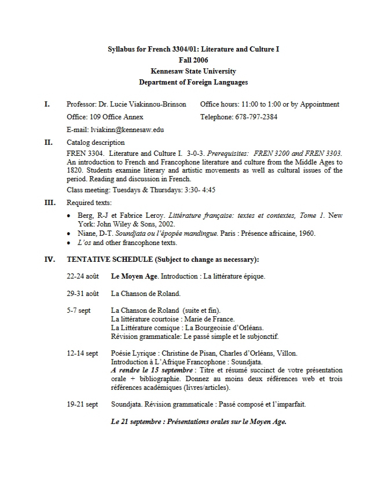 Course Outline for French Literature and Culture One - FREN 3304