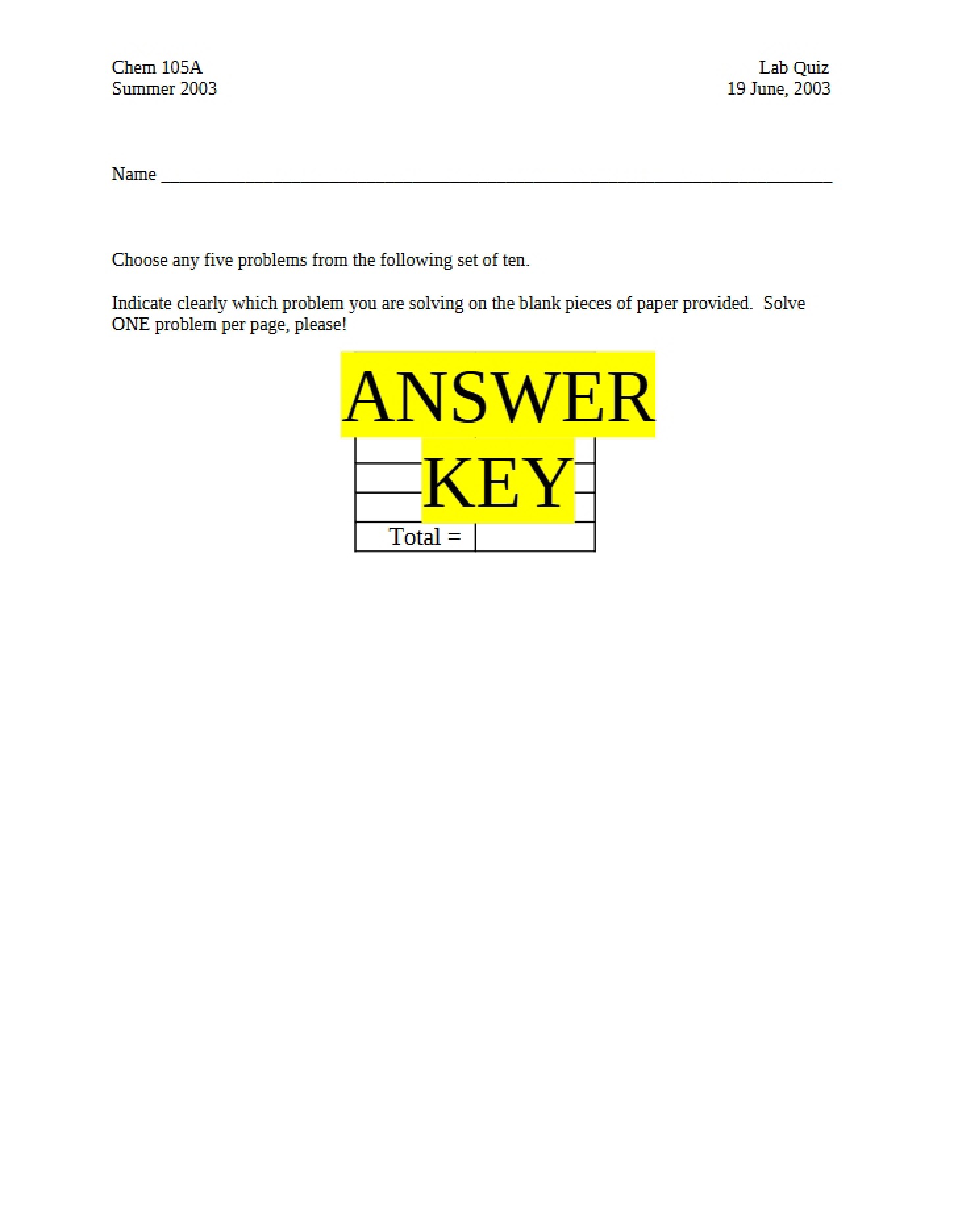 Key Sample Quiz 1 (105A)