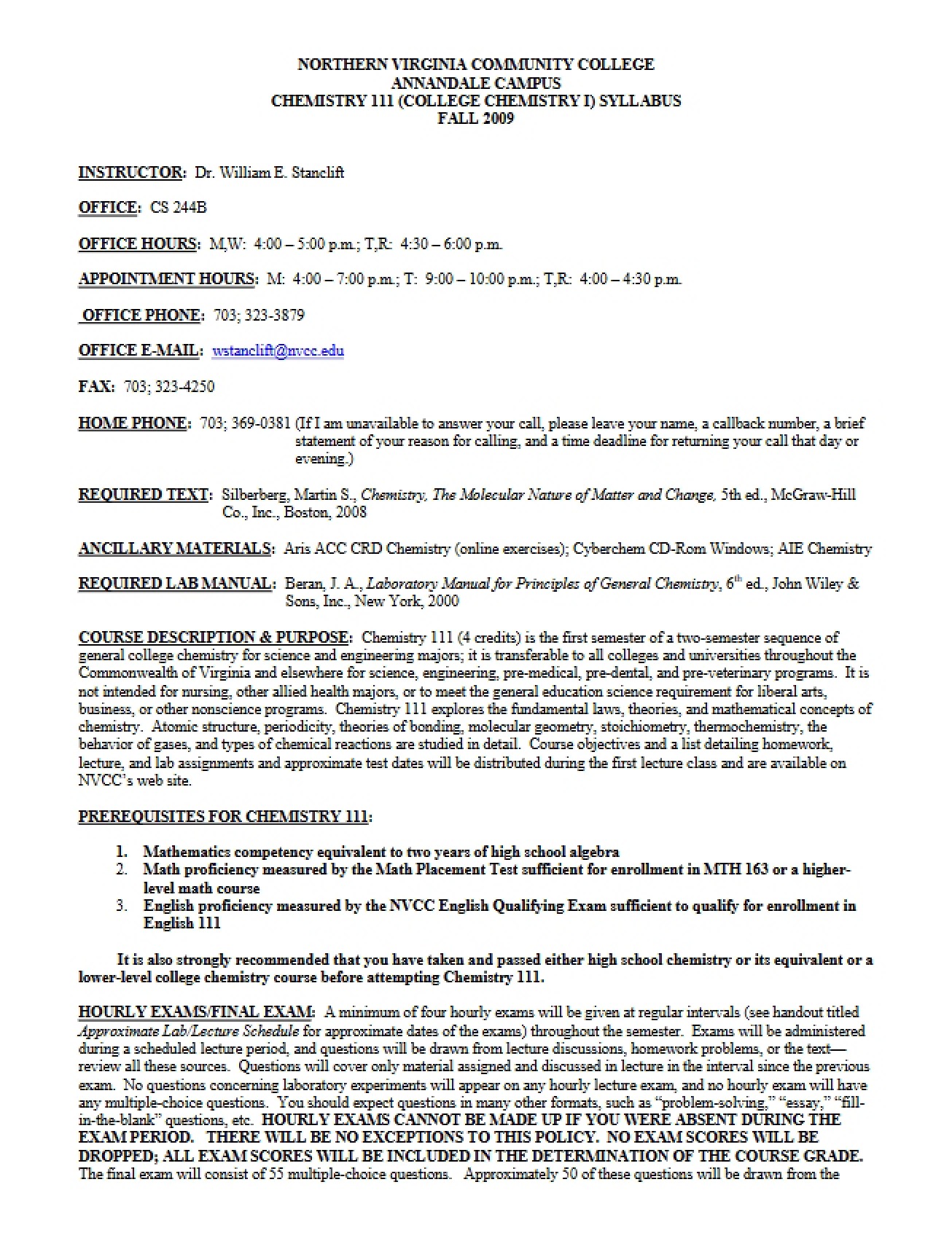 College Chemistry Syllabus