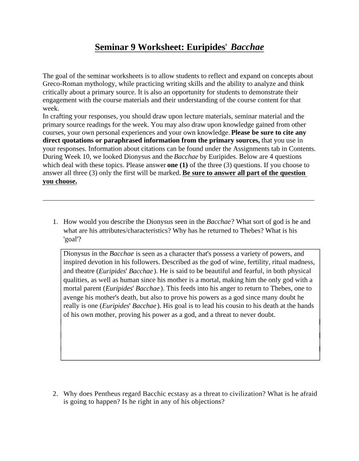 Seminar 9 Worksheet on Euripides' Bacchae