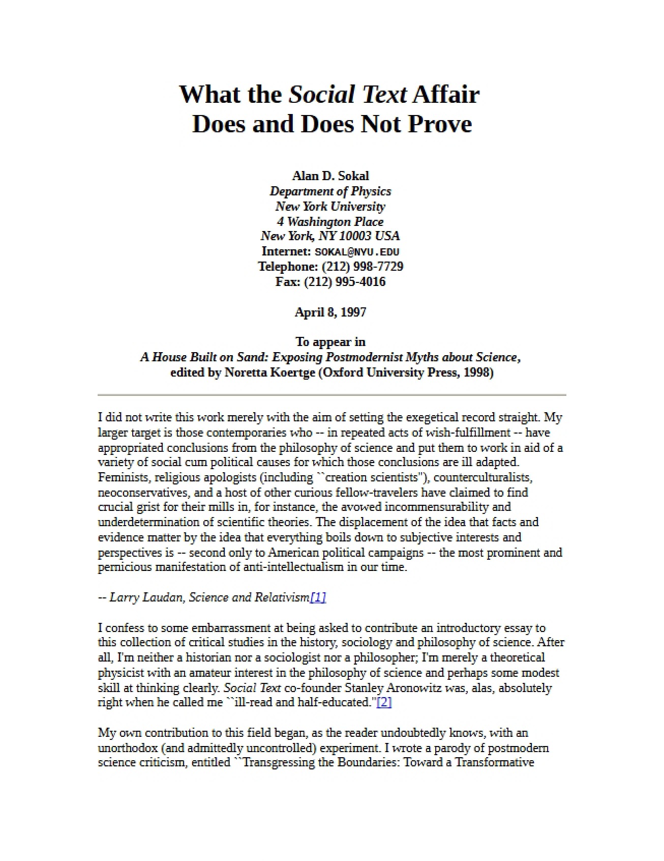 Proof and Disproof in the Social Text Affair