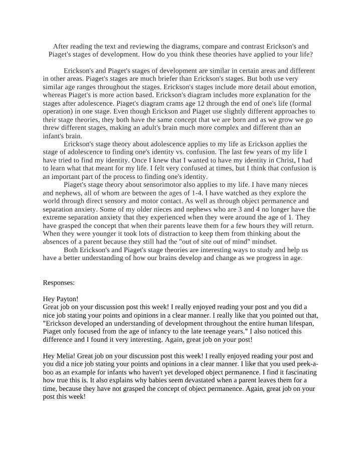 Stages of Development - Comparing Erickson and Piaget