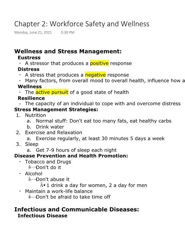 Workforce Safety and Wellness - Study Notes
