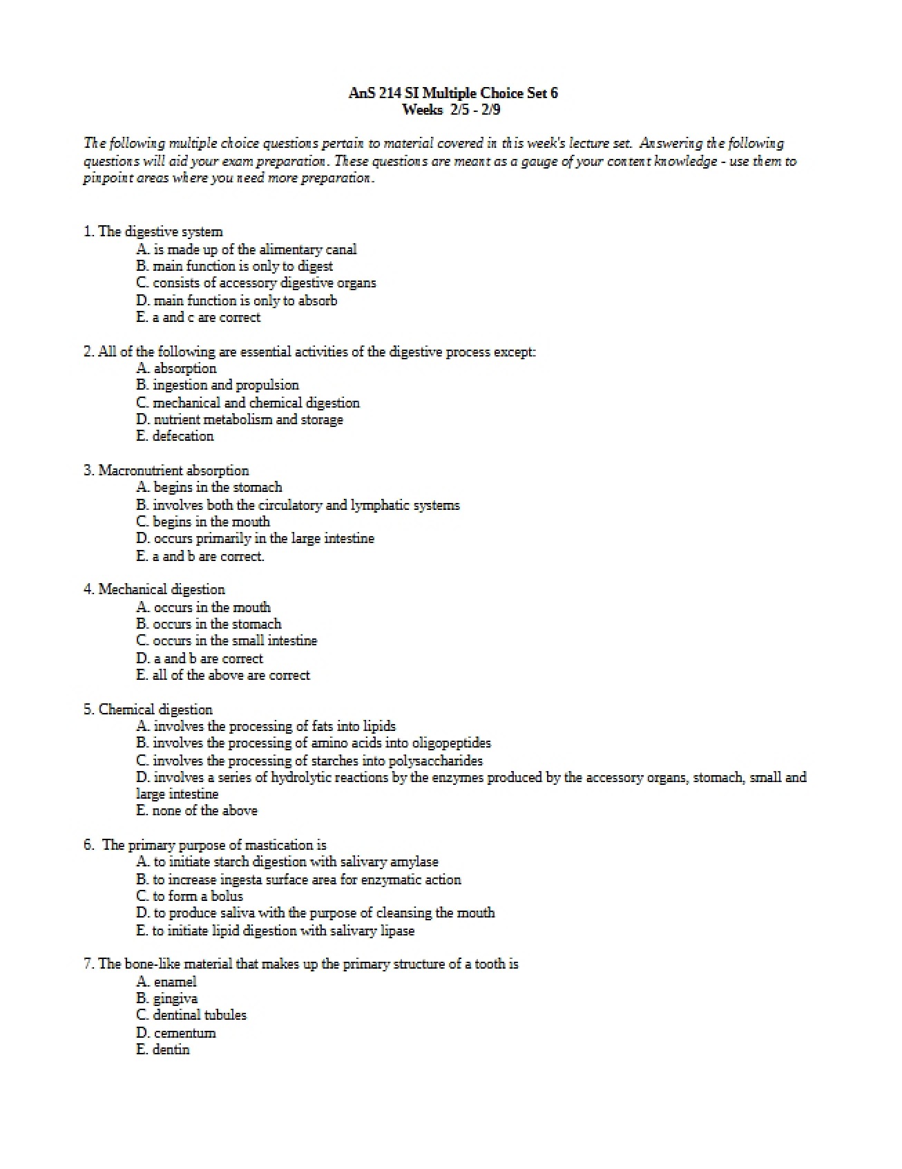 Sample Assessment for Animal Physiology