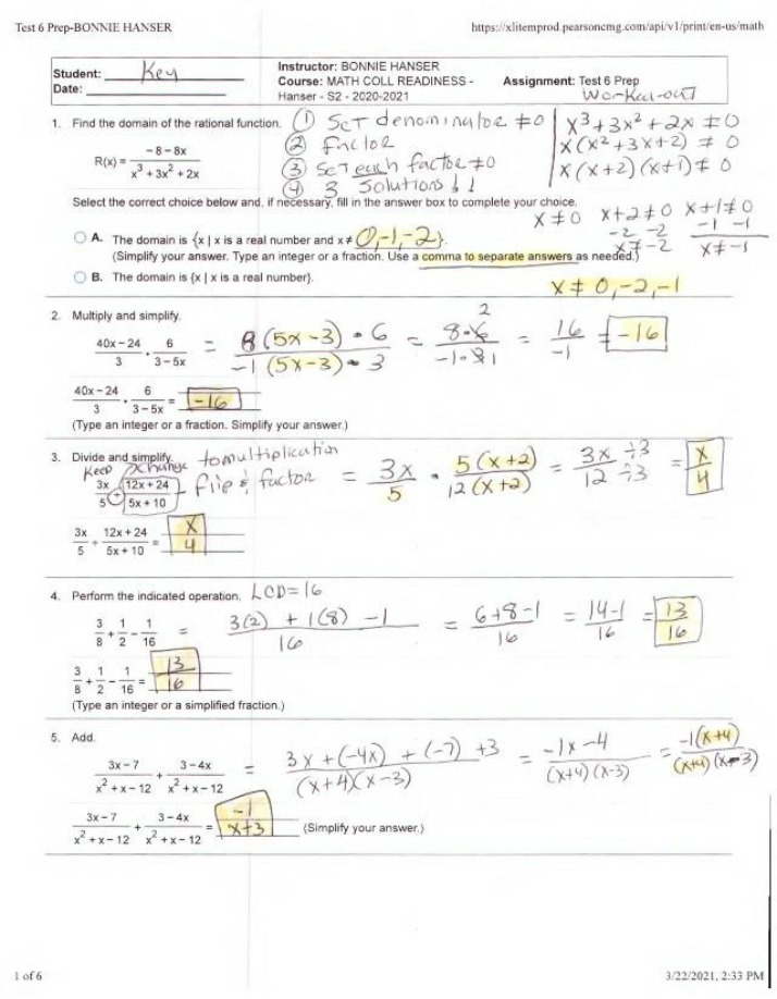 Rational Functions, LCD, and Equations - Test 6 Prep