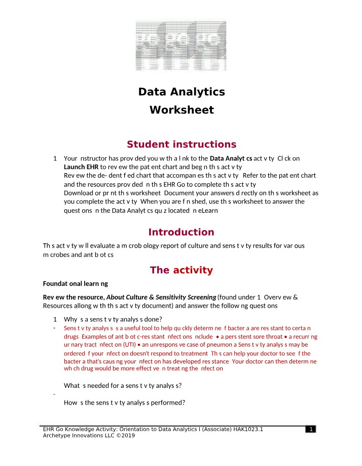 Worksheet for Data Analytics