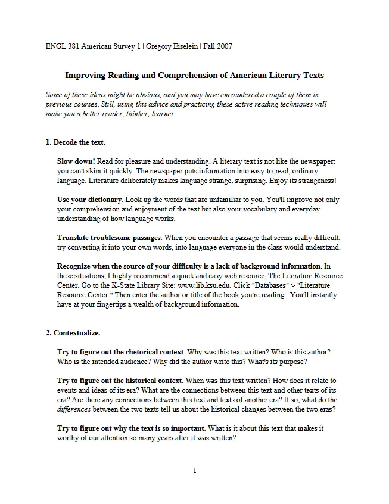 Guide to Improving the Reading and Comprehension of American Literary Texts
