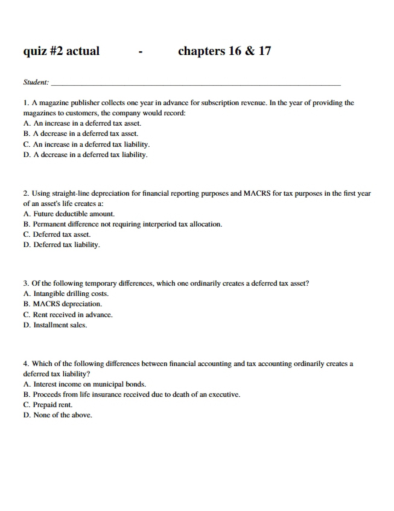 Quiz 2 Financial Reporting