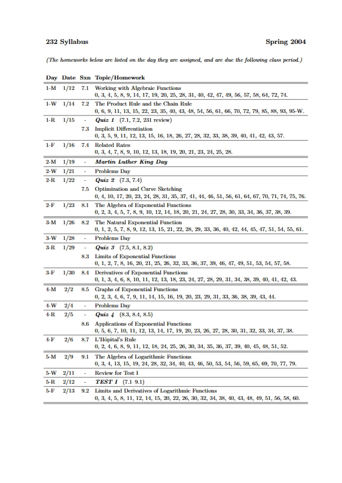 Syllabus for a Course on Calculus with Functions II