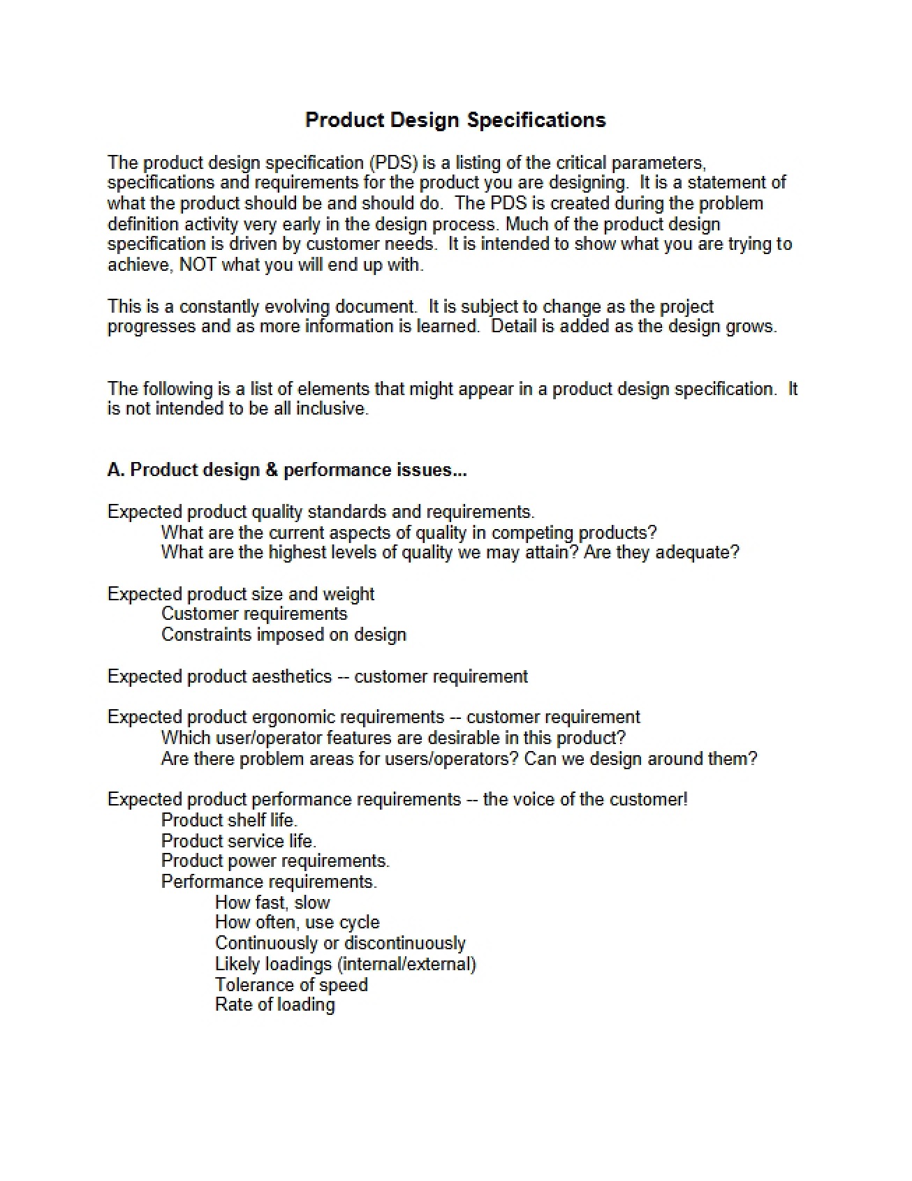 Specifications for Product Design