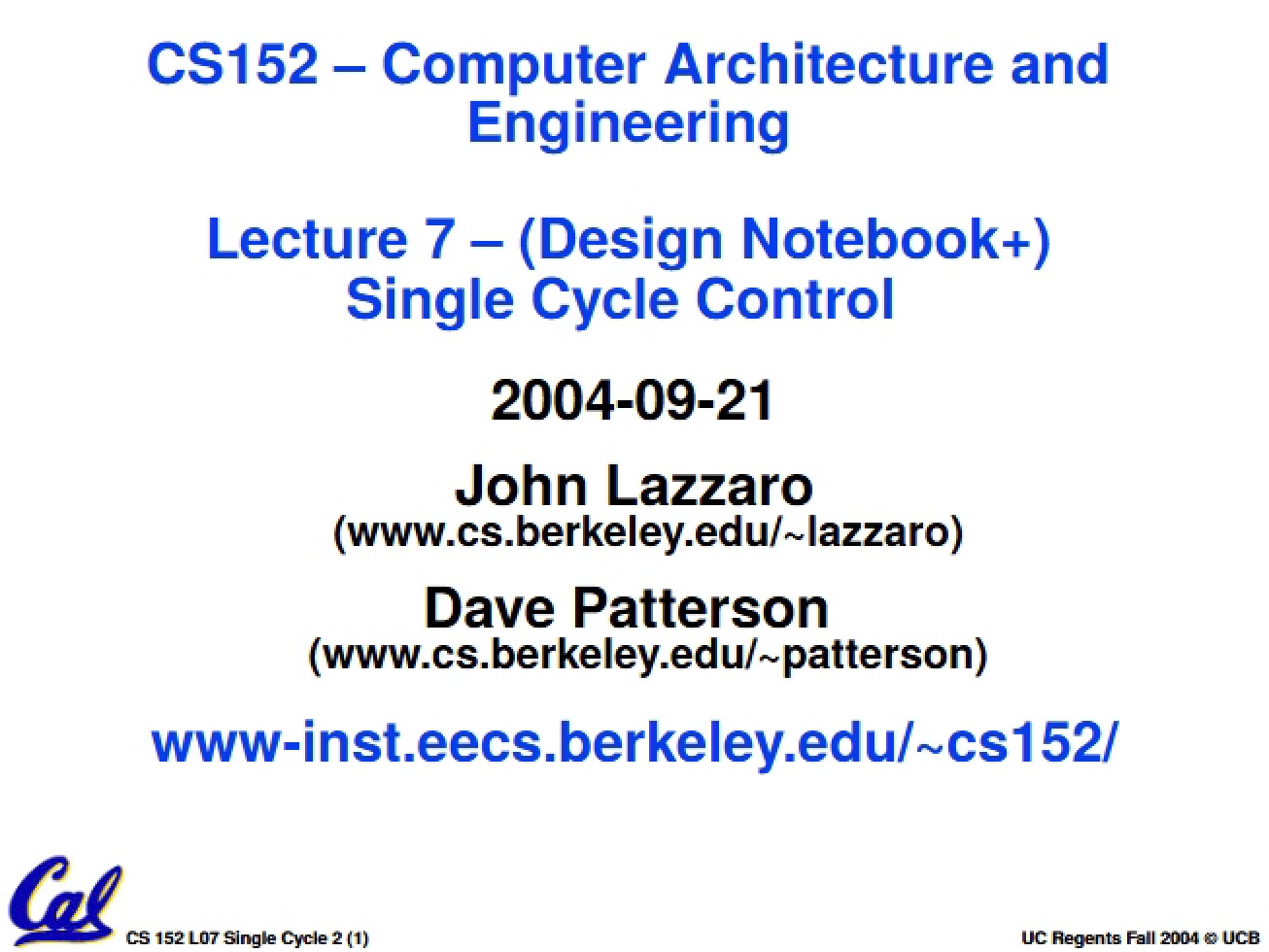 Control for Single Cycle and Design Notebook