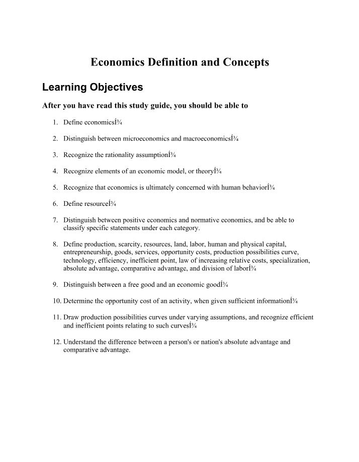 Definitions and Concepts in Economics