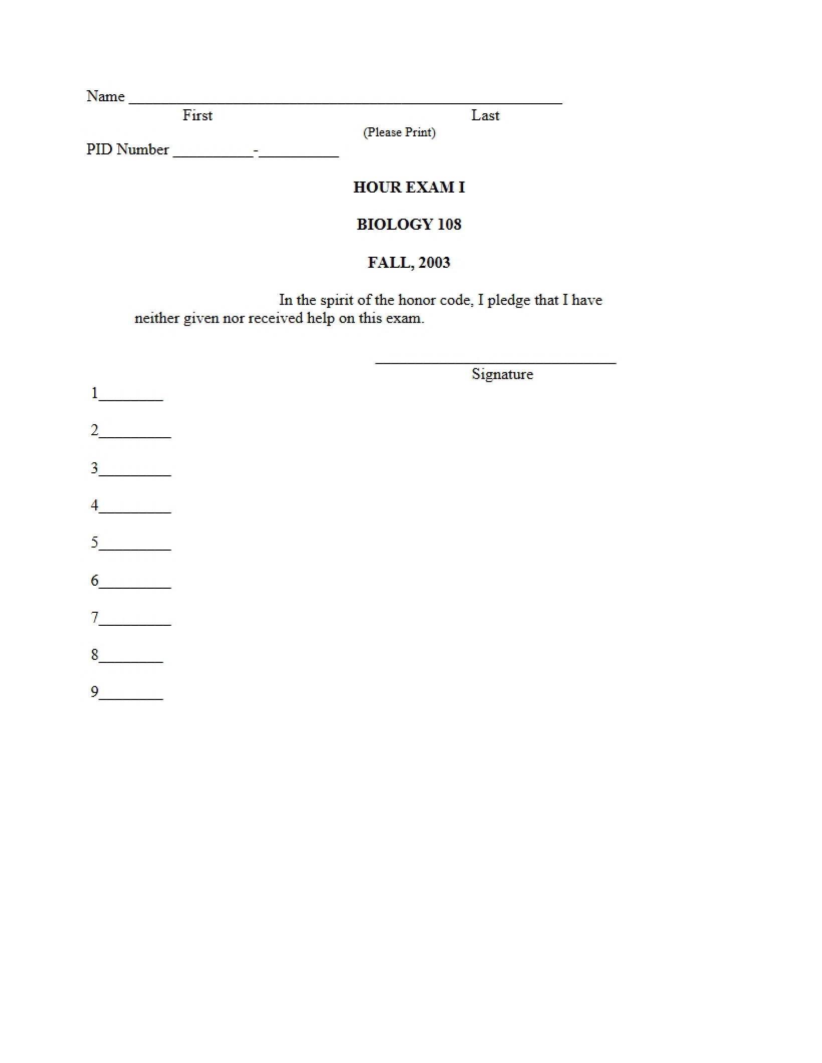 First Examination for Biology 108