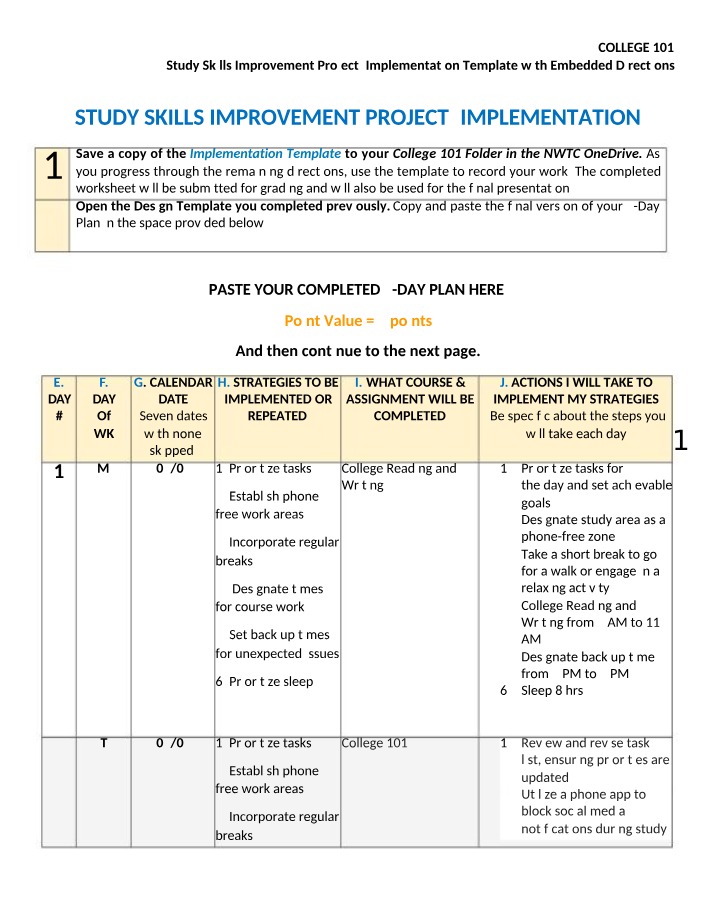Implementation Template for Study Skills Improvement Project