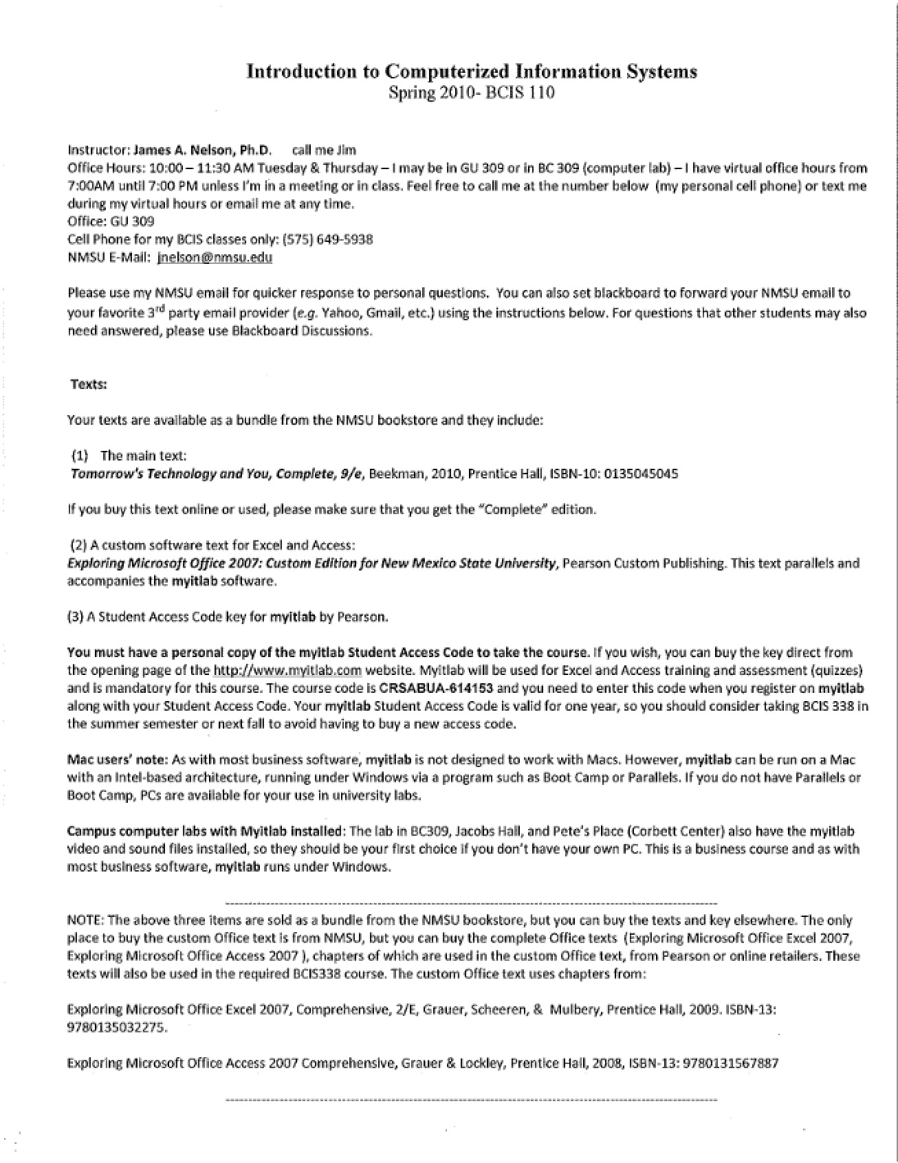 Introduction to Computerized Information Systems Syllabus from Spring 2010 by Dr. Jim Nelson