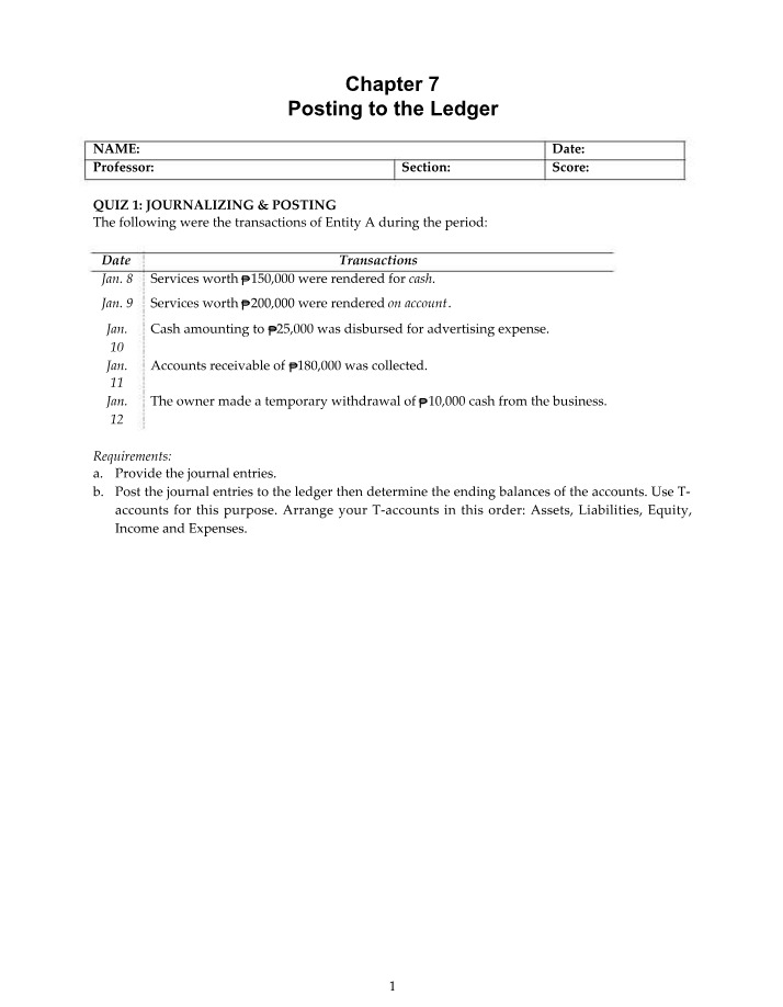 Chapter 7 Quizzes - Posting to the Ledger