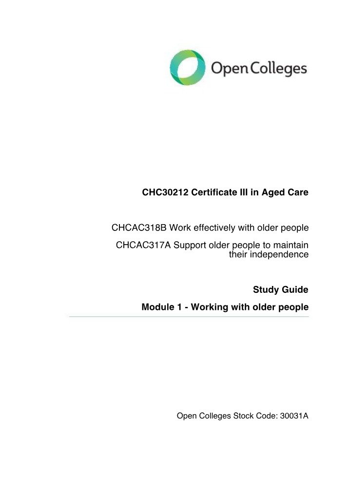 Working with Older People - Module 1 Study Guide