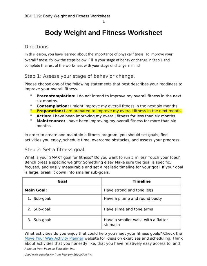 Worksheet - Body Weight and Fitness