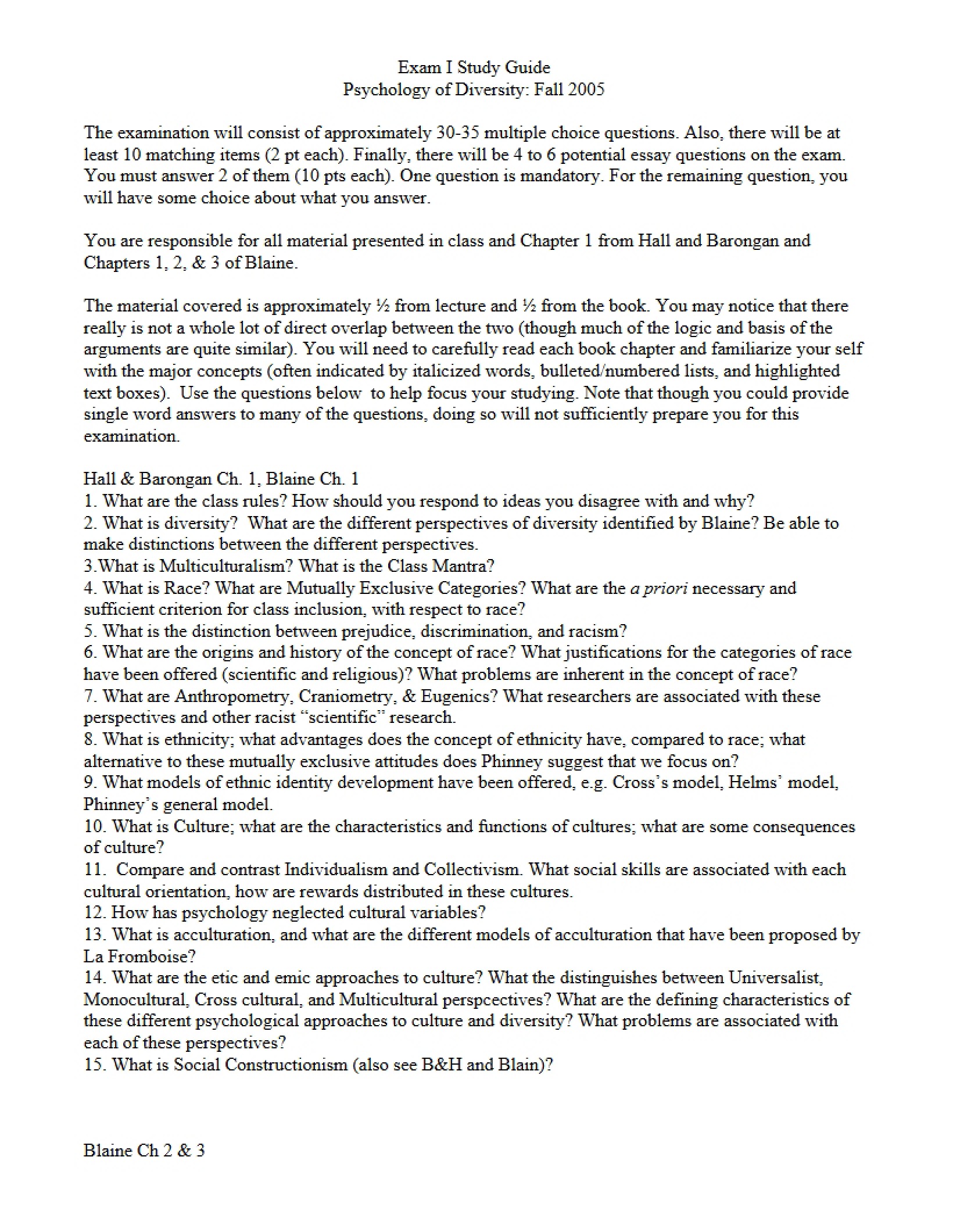 Study Guide for Exam One