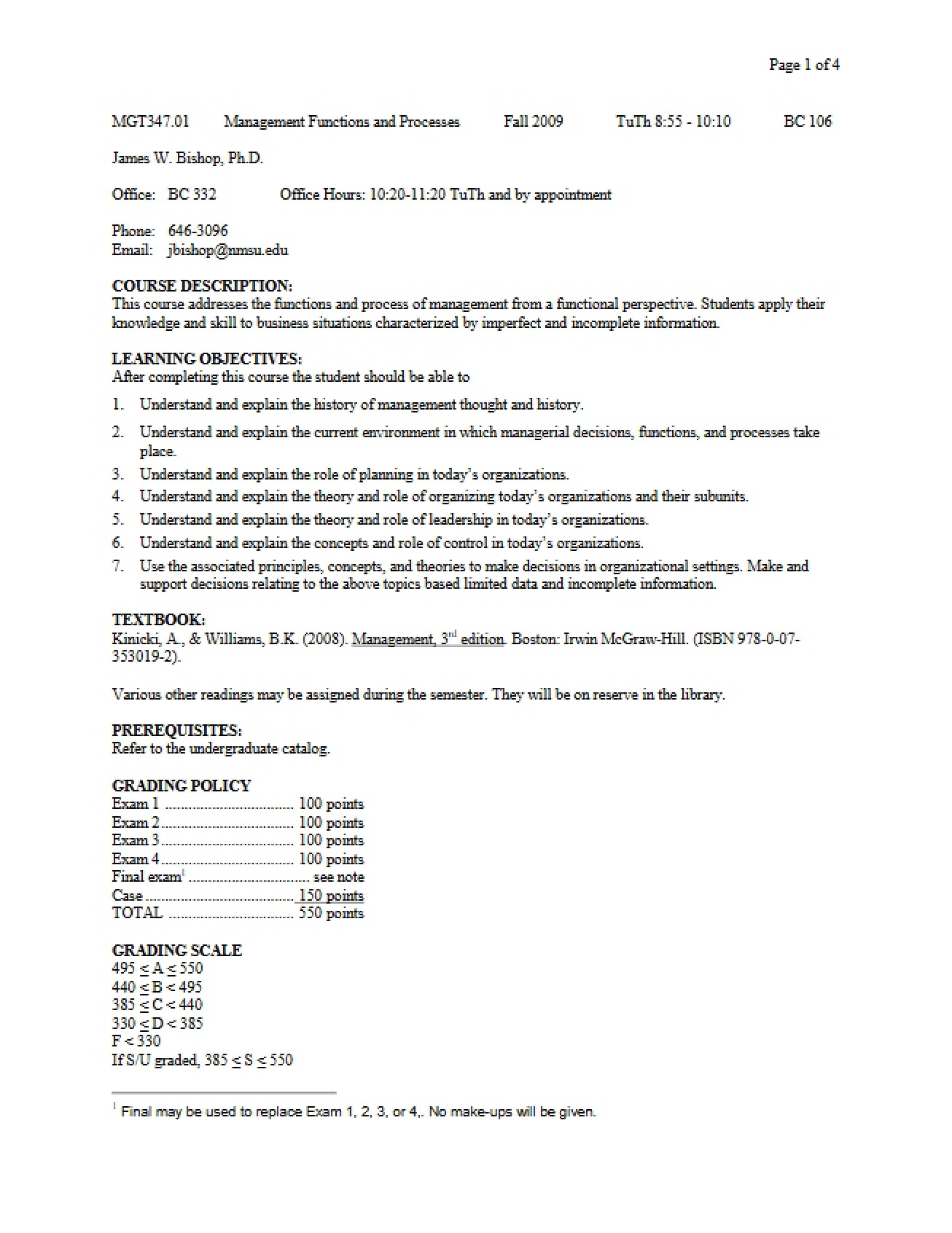 Syllabus for Management Functions and Processes