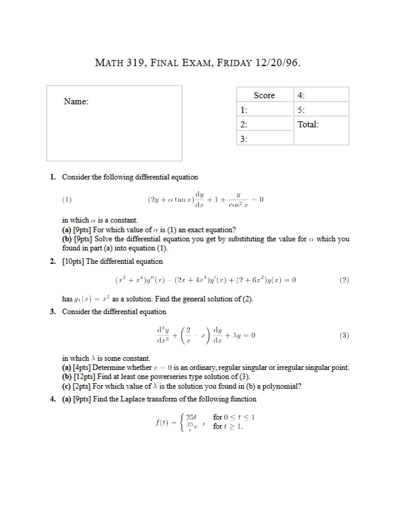 Final Exam for Math 319