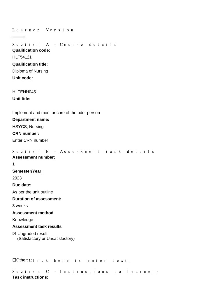 Implement and Monitor Care of the Older Person - Assessment 1