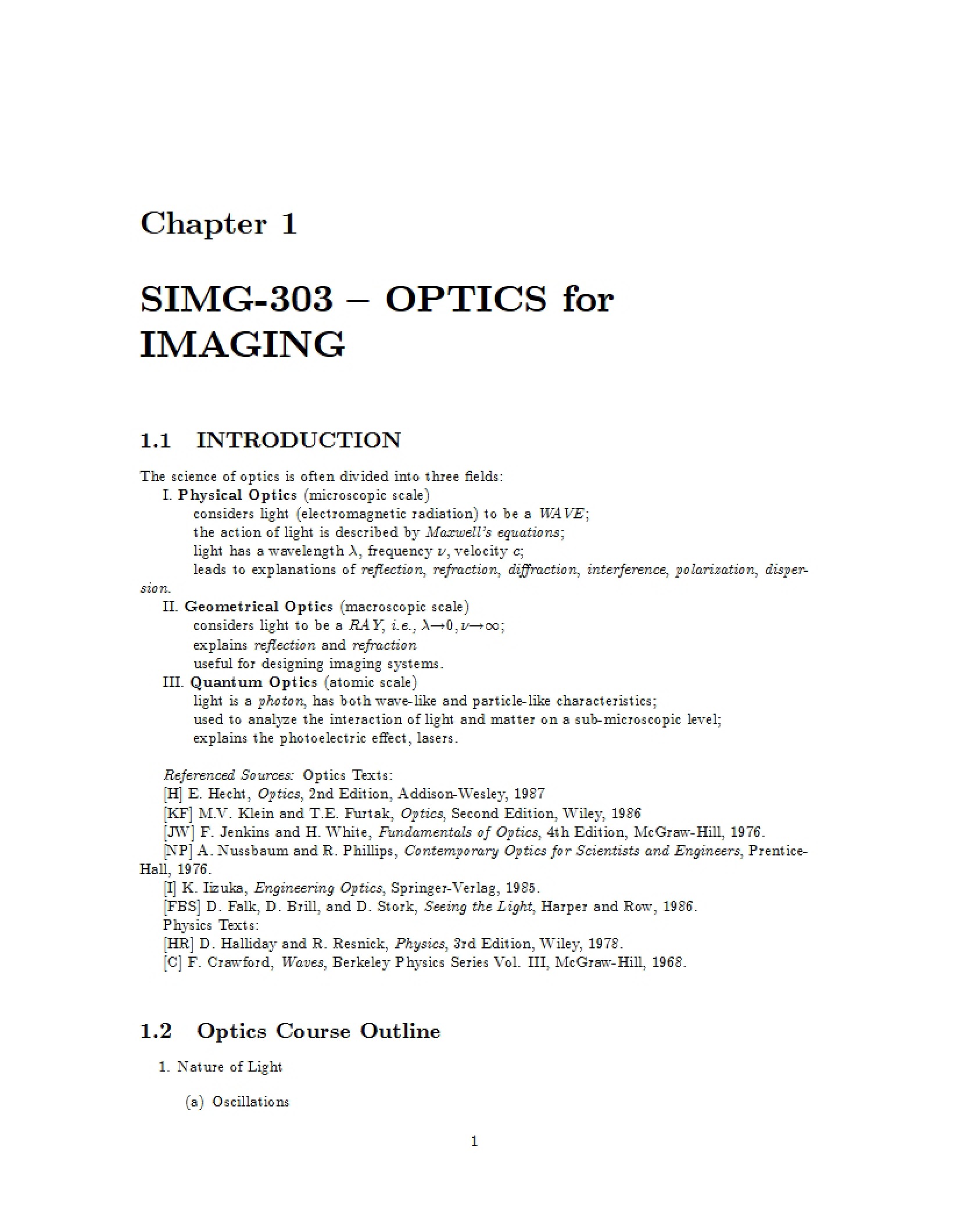 Optics for Imaging Lecture Notes
