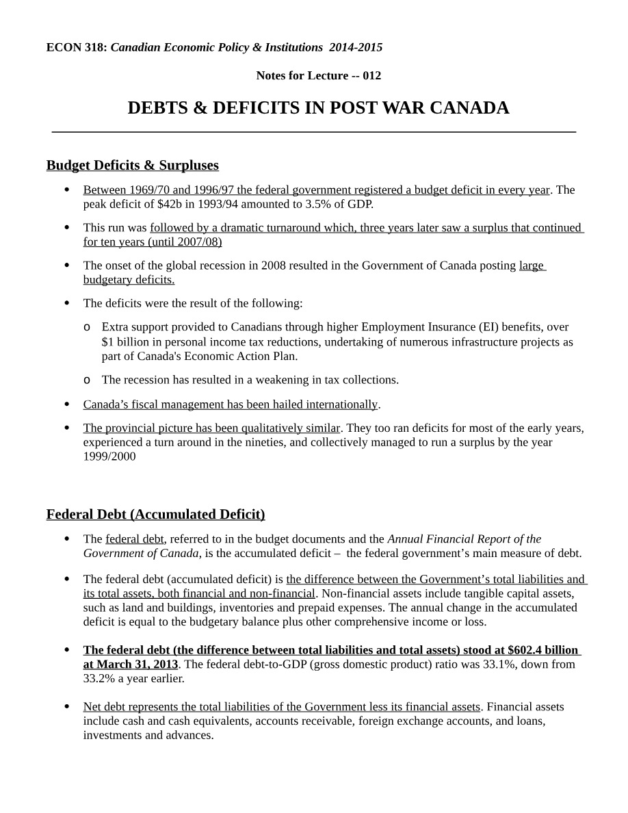 ECON 318 Lecture Notes - Debts and Deficits in Post-War Canada
