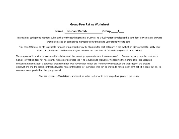 Worksheet for Group Peer Rating