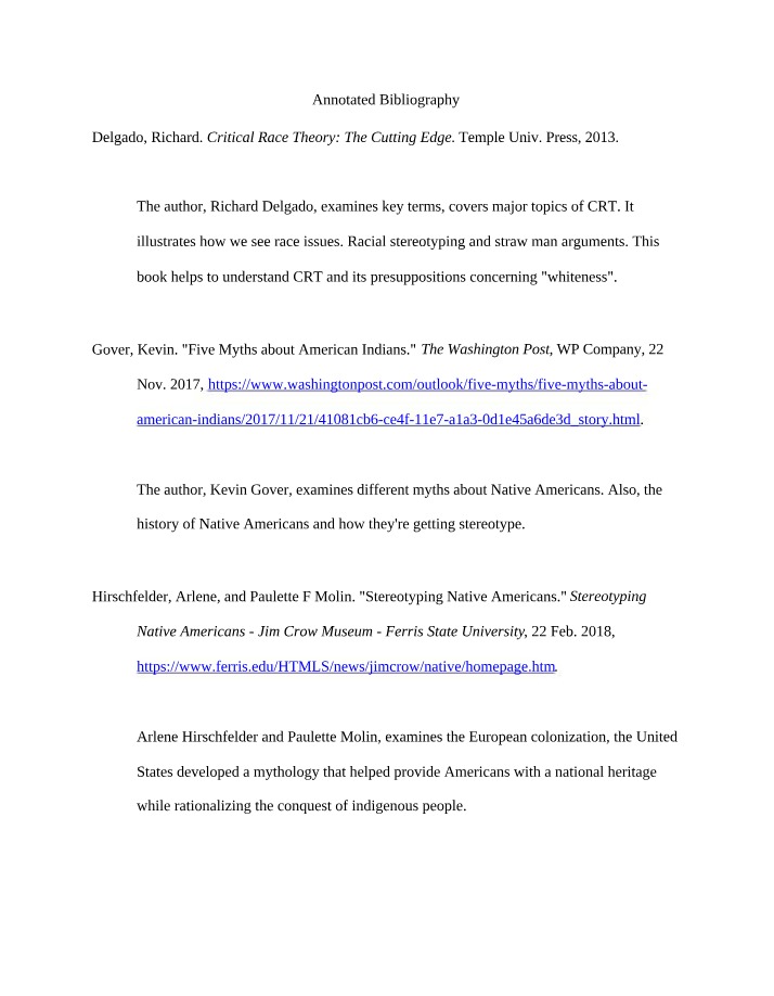 Annotated Bibliography - Critical Race Theory and Stereotyping in America
