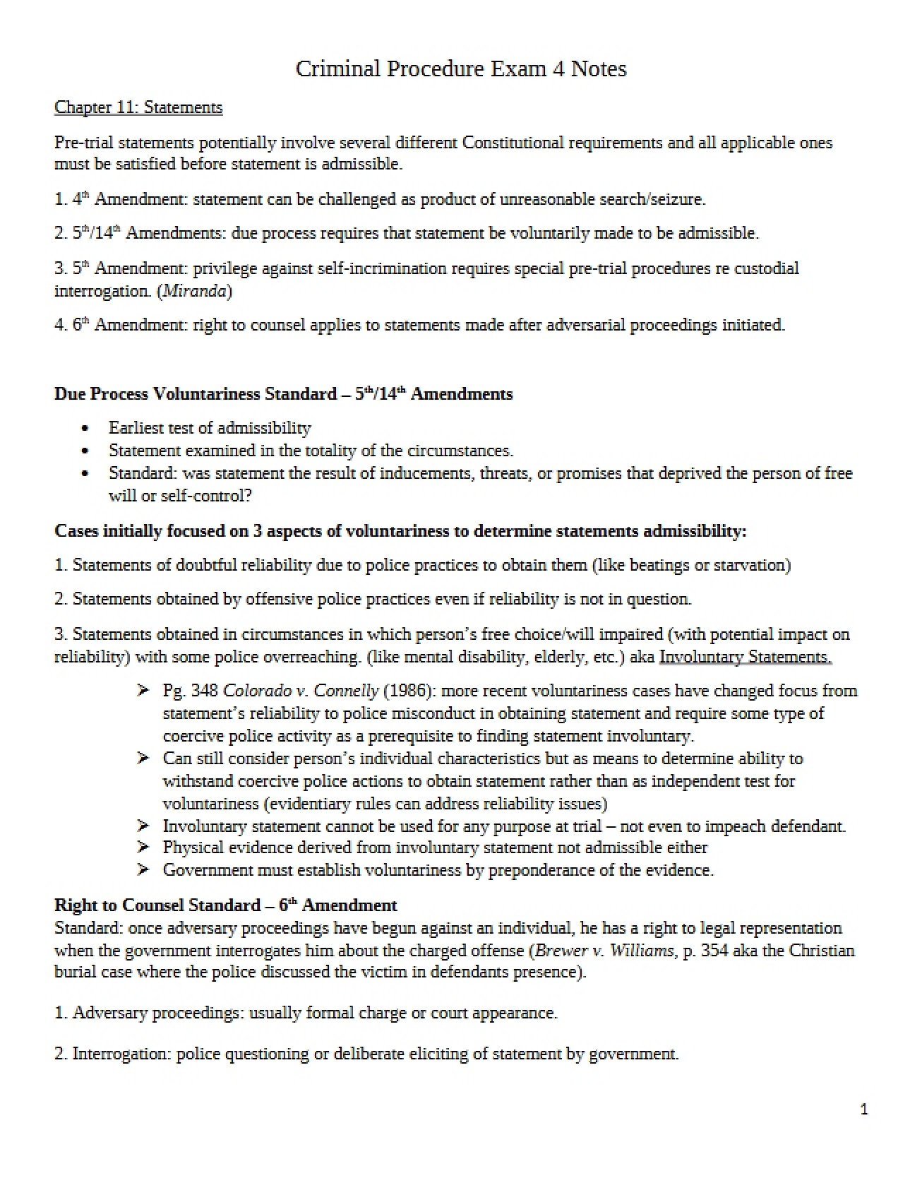 Notes for Fourth Exam on Criminal Procedure