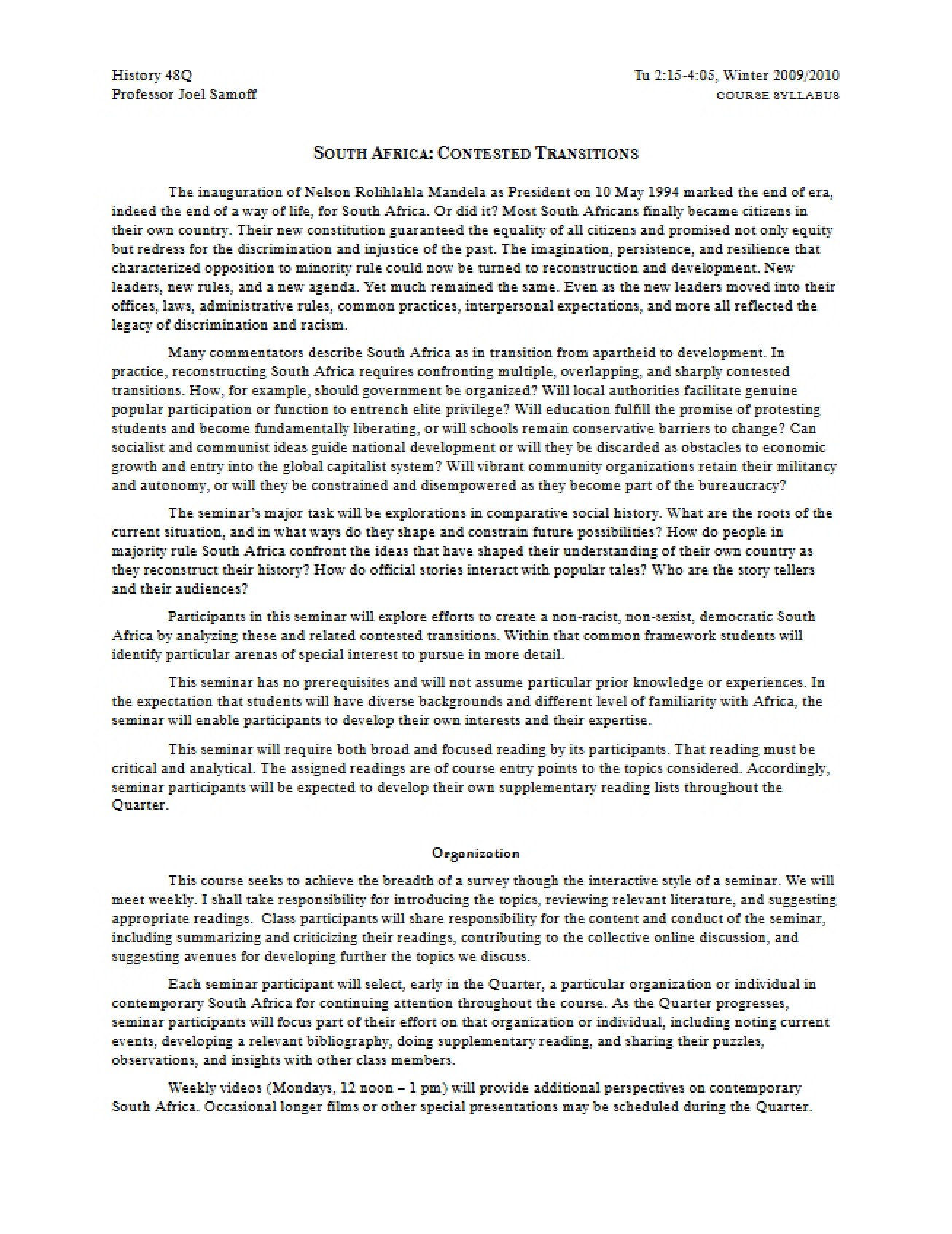 South Africa History and Context Syllabus