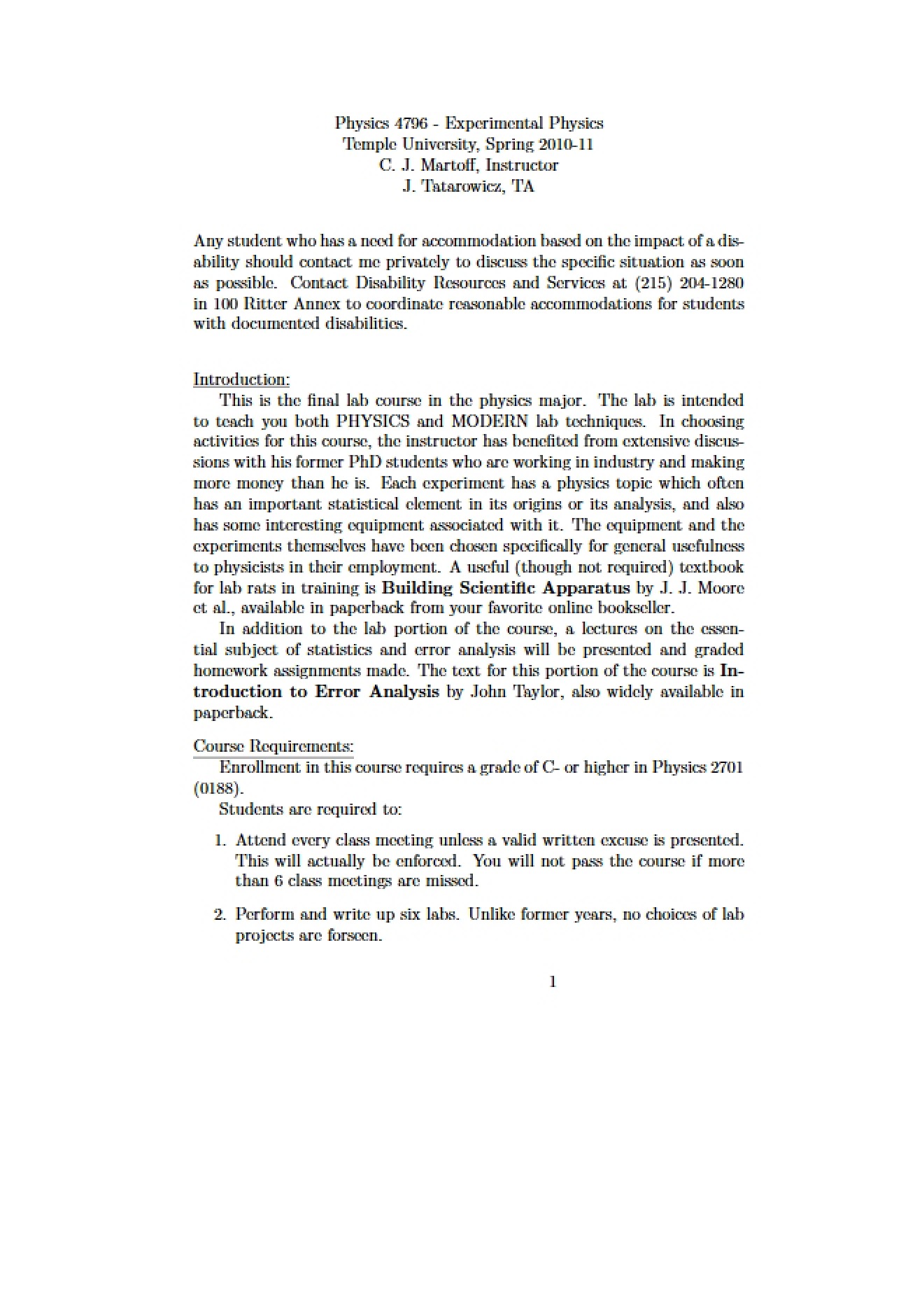 Syllabus for Experimental Physics