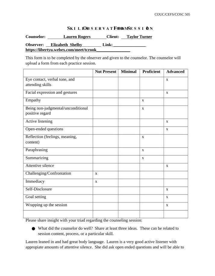 Week 1 - Skills Observation Form