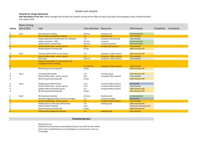 Work Schedule - Weekly