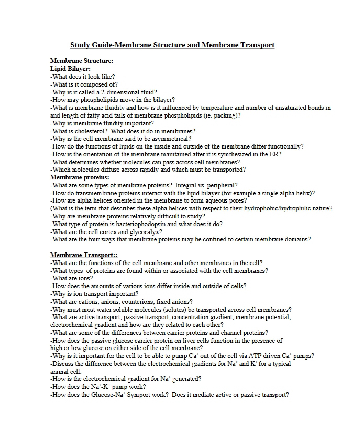 Second Study Guide for Membranes in a Cell Biology Course