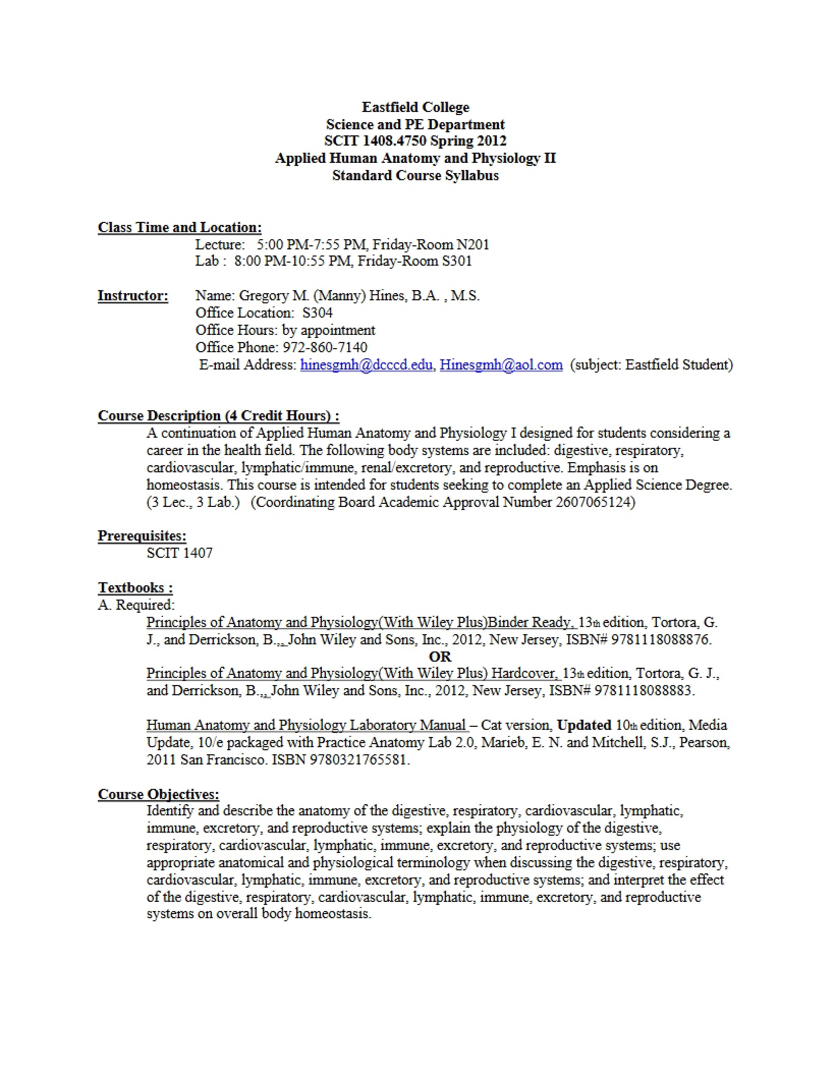 Applied Human Anatomy and Physiology II Syllabus - 7 Pages