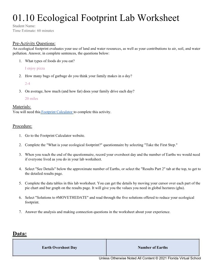 01.10 Lab Worksheet - Ecological Footprint