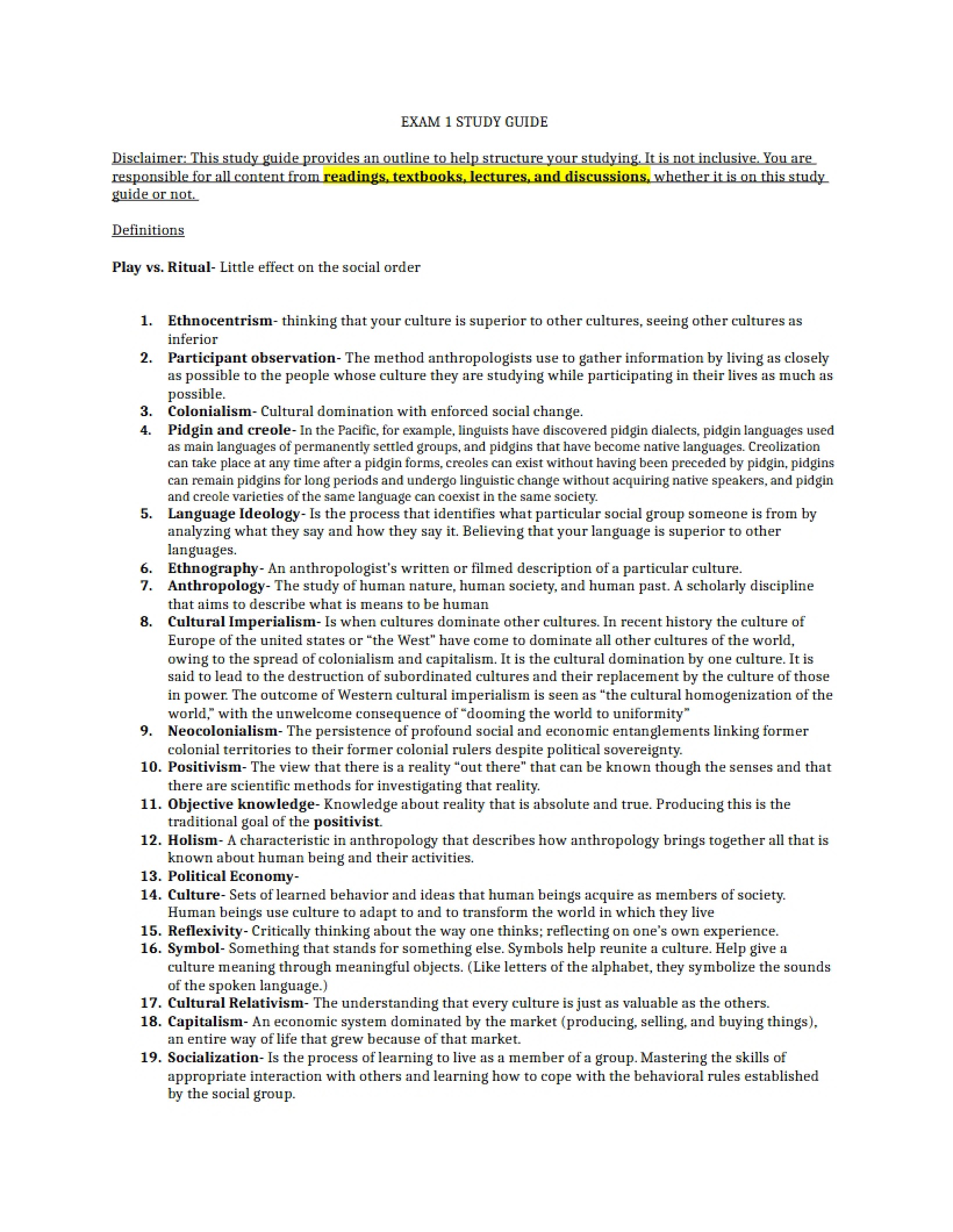 Study Guide and Quiz Questions - Intro to Cultural