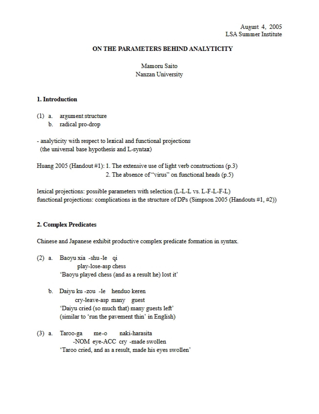 Parameters Governing Syntactic Analyticity