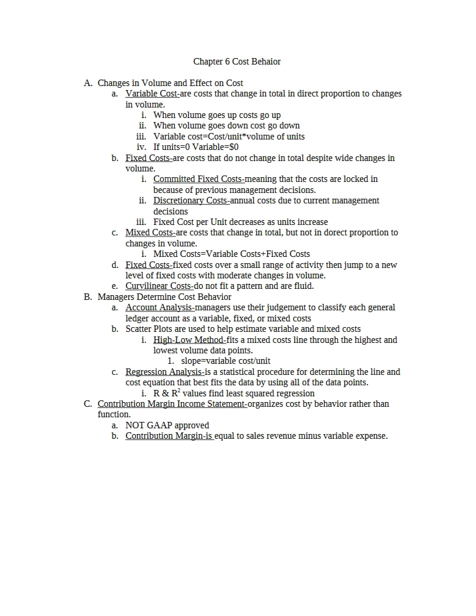 Behavior of Costs (Chapter 6)